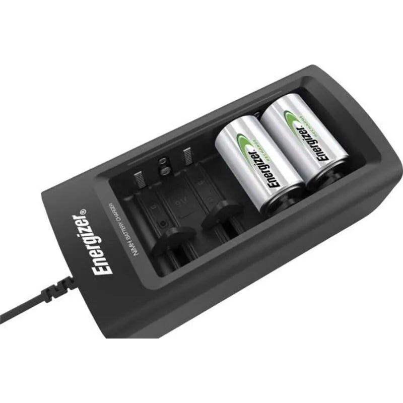 Chargeur universel Energizer noir avec piles rechargeables AA et AAA, adapté pour C, D, 9V, idéal appareils électroniques.
