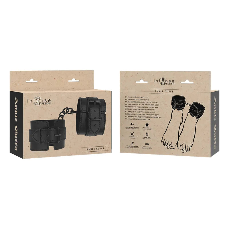 Chevilles BDSM en cuir vegan noir, design luxe, marque INTENSE FETISH, robustesse et confort, emballage élégant.