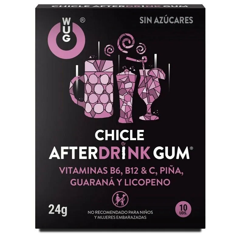 Boîte noire de Chewing Gum Anti Gueule De Bois Guarana, 24g, avec illustrations de cocktails et texte en espagnol.