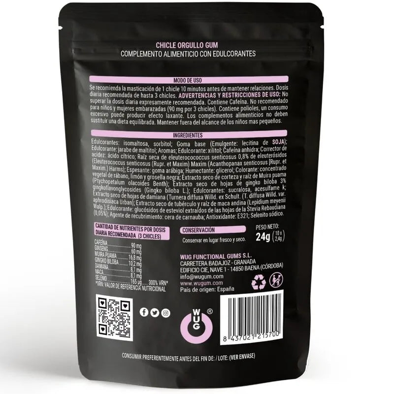 Chewing gum aphrodisiaque naturel sans gluten, sachet noir, fruits rouges, Maca, Damiana, Ginseng, Muira Puama.