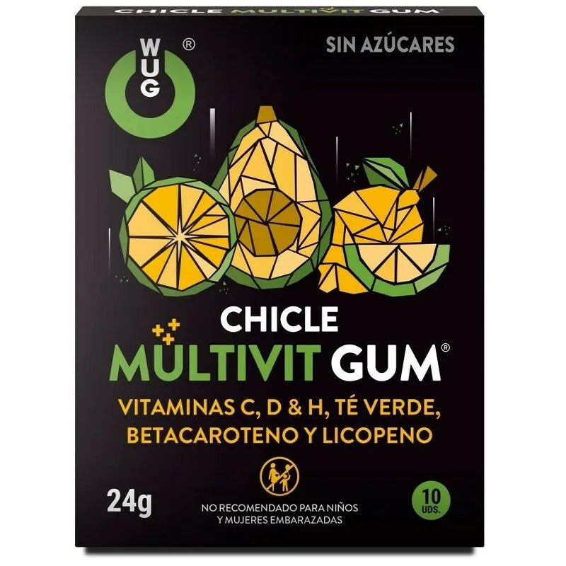 Boîte noire de chewing-gum multivitamines sans sucre, motifs tropicaux, vitamines C, D, H, antioxydants, 24g.