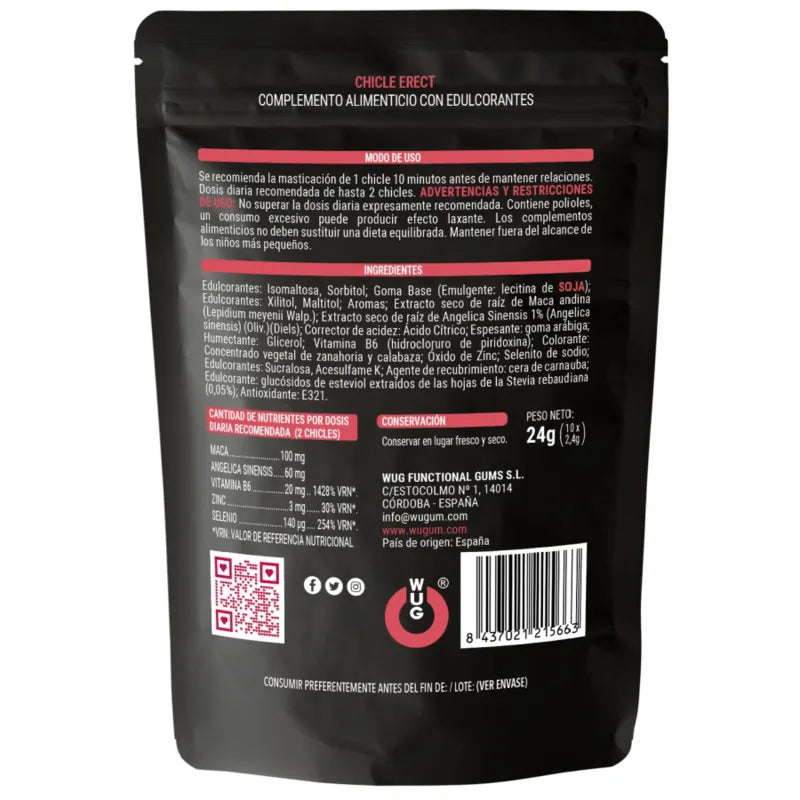 Chewing-gum stimulant sexuel sans gluten, sachet noir, texte blanc, ingrédients à base de MACA et zinc pour vitalité intime.