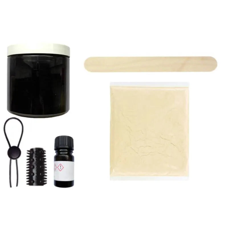 Kit Cloneboy moulage pénis silicone noir avec accessoires: pot noir, bâtonnet, sachet poudre, anneau et flacon.