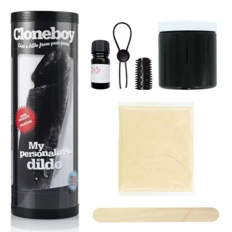 Kit Cloneboy moulage pénis silicone noir, tube, poudre, récipient, accessoires, création réplique personnalisée.