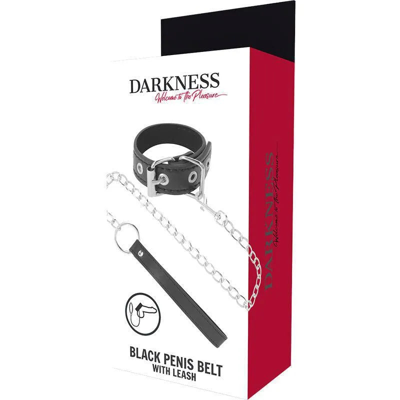 Cockring BDSM vegan noir avec chaîne métal argentée, cuir synthétique doux, boîte rouge et noire.