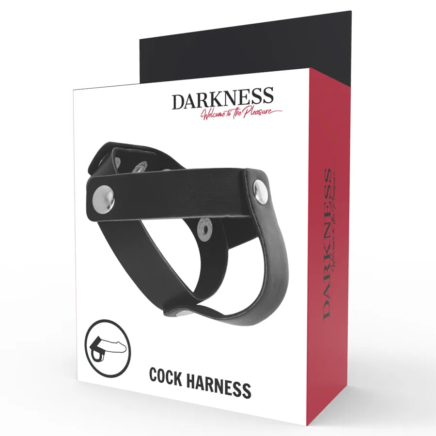 Cockring cuir noir ajustable pour BDSM, design élégant avec sangle réglable, présenté dans une boîte rouge et noire.