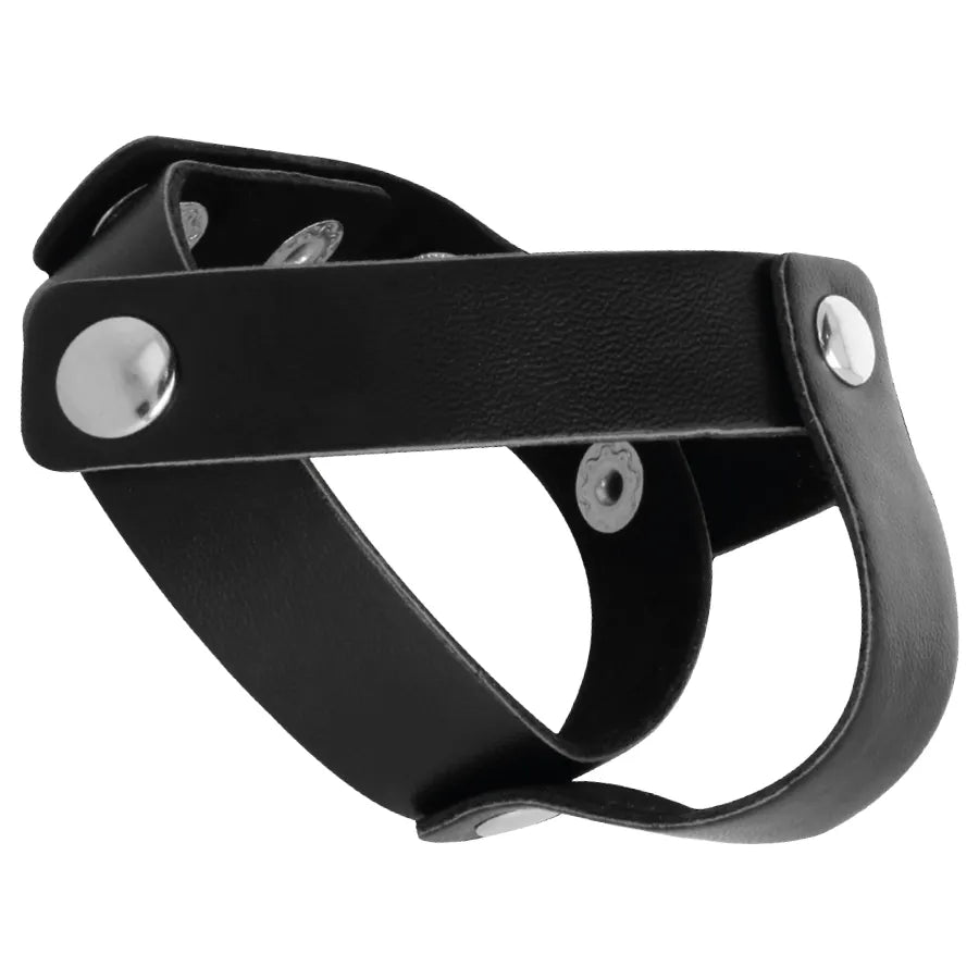 Cockring cuir noir ajustable, sangle avec boutons-pression, design élégant pour jeux BDSM, confort et sécurité.