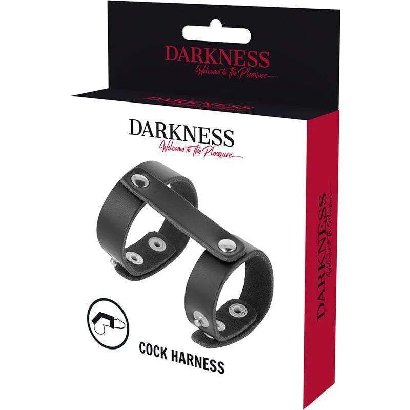Cockring cuir synthétique noir, ajustable, pour BDSM débutants, sur fond blanc avec boîte de présentation élégante.