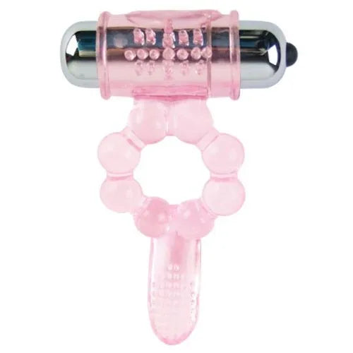 Cockring rose double vibration, stimulation clitoris et anal, silicone souple, 10 rythmes, design ergonomique.
