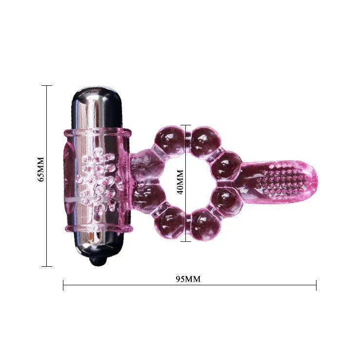 Cockring rose double vibration, stimulation clitoris et anal, 10 rythmes, matériau souple, dimensions visibles.