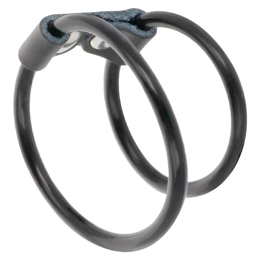 Cockring en cuir noir et caoutchouc, double anneau pénien pour éjaculation retardée, ajustable et confortable.