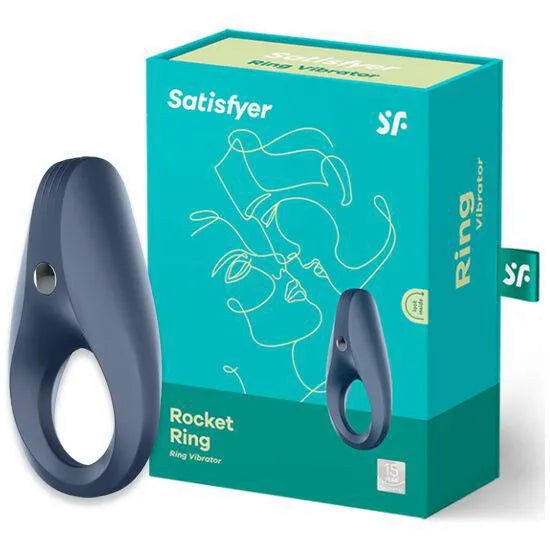 Anneau pénien bleu en silicone avec vibrations, design ergonomique, sur fond de boîte verte illustrée, pour couples.
