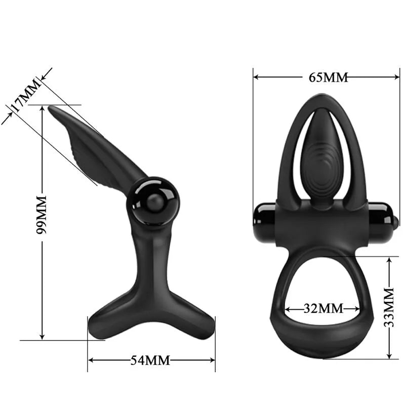 Cockring en silicone noir avec stimulateurs, design ergonomique, dimensions détaillées, pour plaisir partagé en couple.