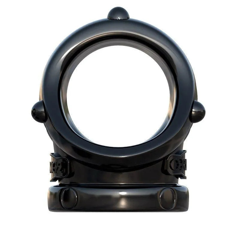 Cockring extensible noir en TPR, forme circulaire avec reliefs, pour érections durables et fermes.