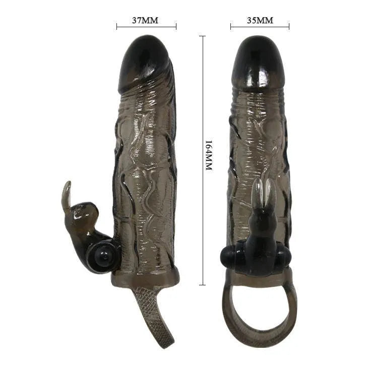 Cockring noir vibrant avec stimulation clitoridienne, design lapin, texture ondulée, dimensions visibles, plaisir intense.