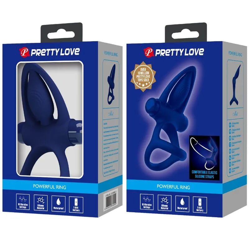 Cockring bleu en silicone avec vibrations, stimulateurs et poils chatouillants, emballage élégant pour couples.