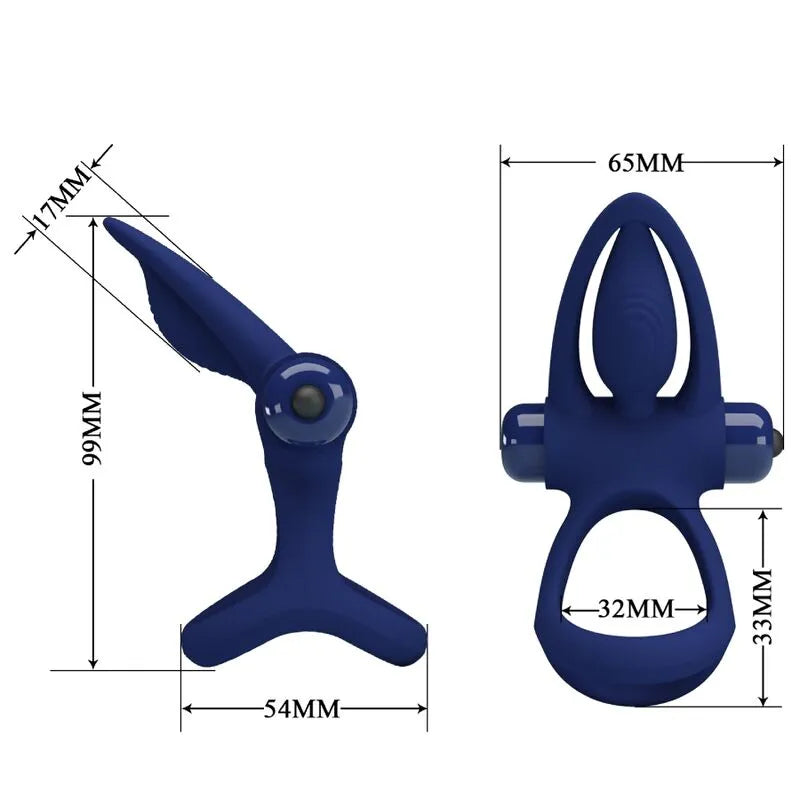 Cockring bleu en silicone avec vibrations, forme ajustable, stimulateurs et détails mesurés pour couples.