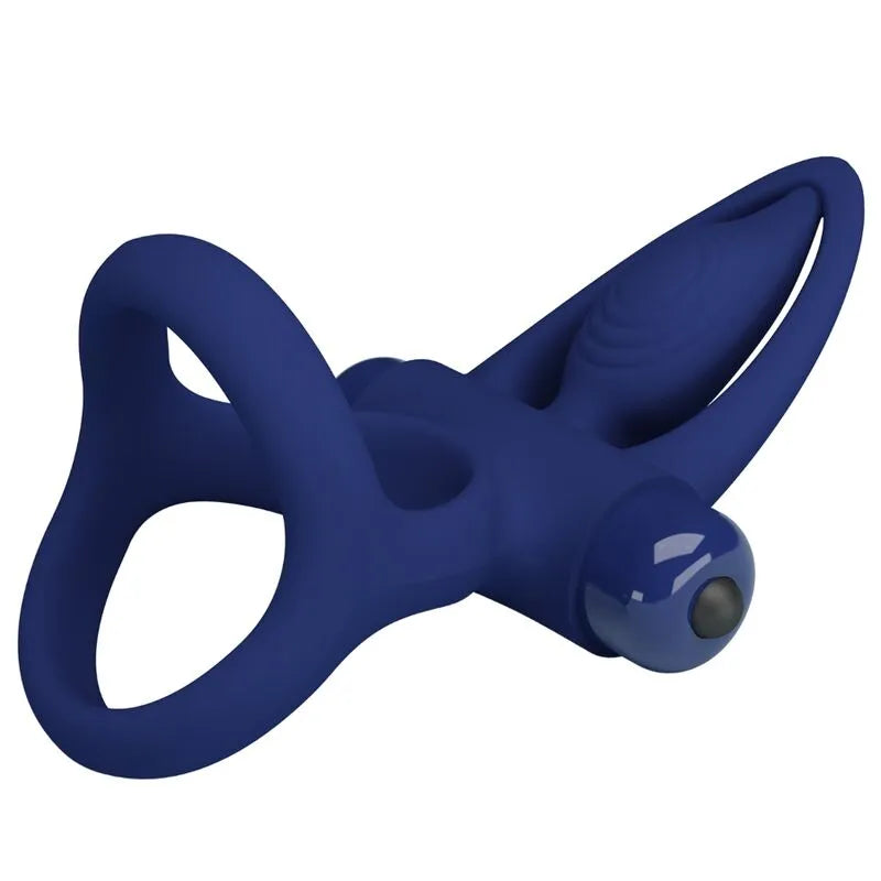 Cockring bleu en silicone avec stimulateurs vibrants, forme ergonomique, poils chatouillants, pour couples.