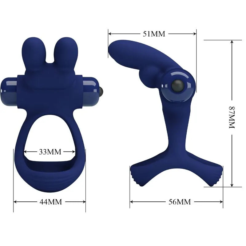 Cockring silicone bleu avec vibrations silencieuses, design ergonomique, dimensions détaillées, confort et ajustement parf...