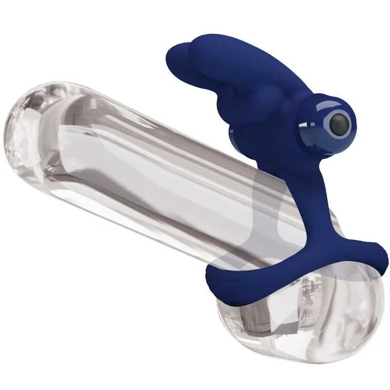 Anneau pénien silicone bleu avec vibrations silencieuses, design ergonomique, extensible, alimenté par pile AAA.
