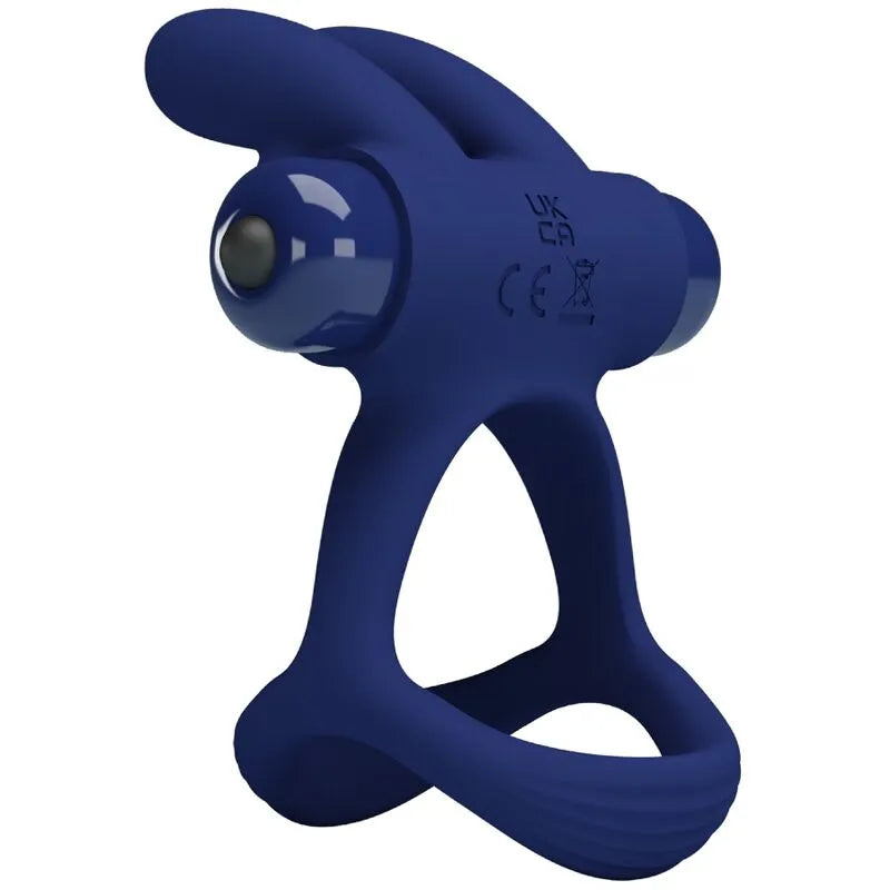 Anneau pénien bleu en silicone avec vibrations silencieuses, forme ergonomique, alimenté par pile AAA.