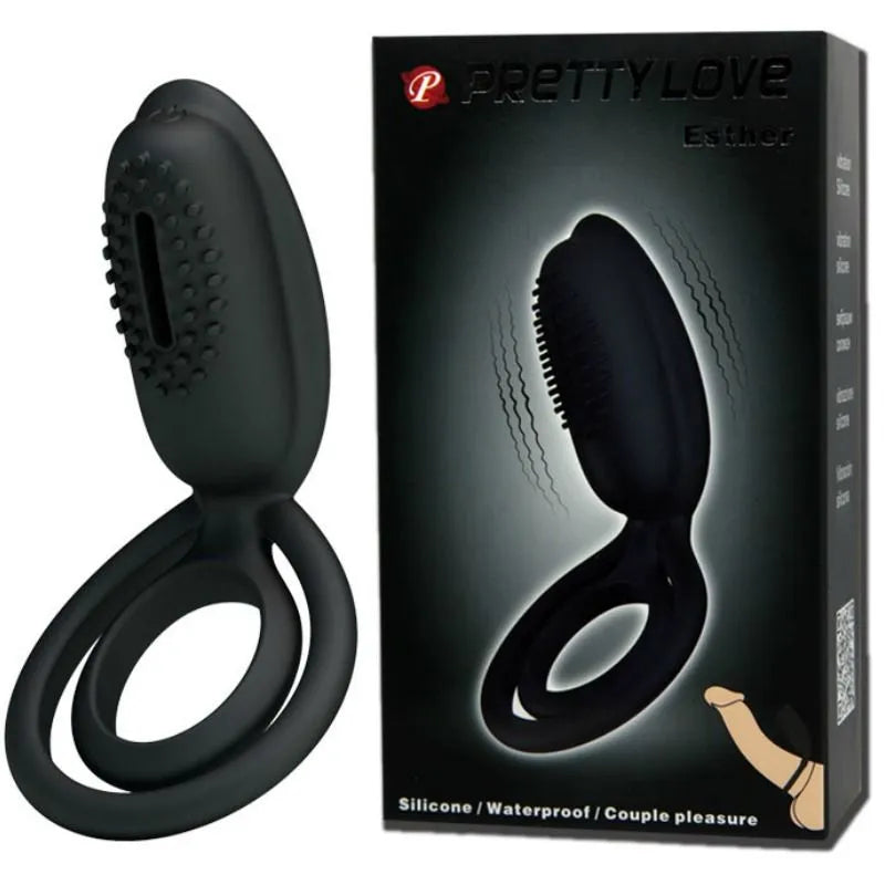 Anneau vibrant noir en silicone pour stimulation clitoridienne, avec surface texturée et emballage élégant.