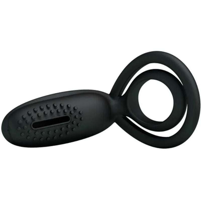 Cockring noir en silicone avec stimulation clitoridienne vibrante, design ergonomique et texture douce pour plaisir optimal.