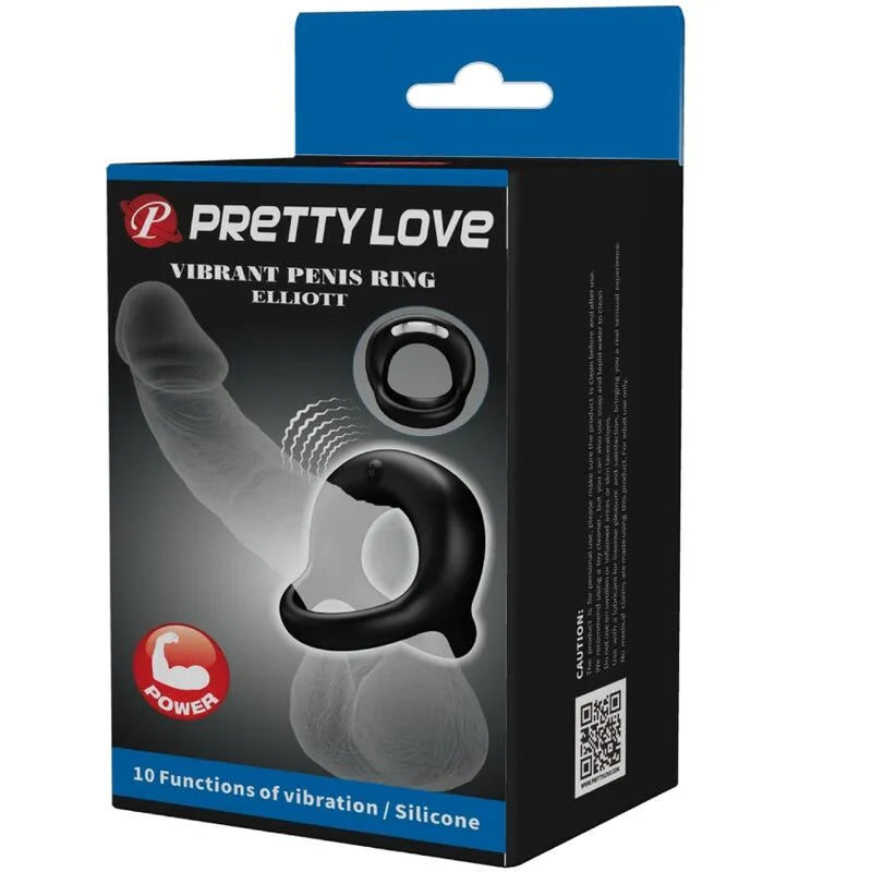 Cockring noir en silicone avec vibrations rechargeables, finition veloutée, sangle ajustable, sur fond de boîte bleue.