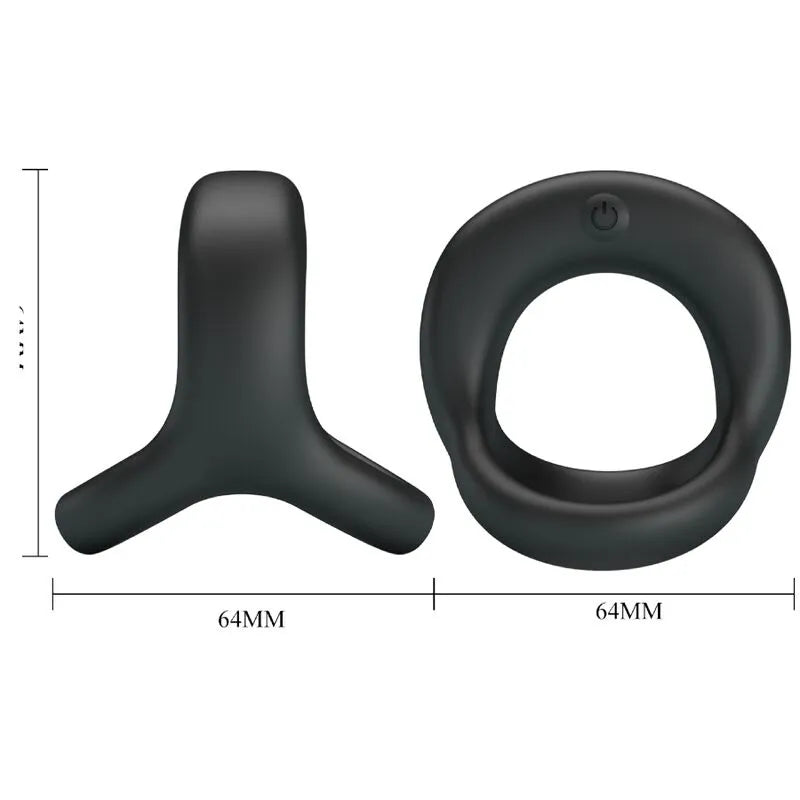 Cockring noir en silicone avec vibrations, design ergonomique, sangle ajustable pour testicules, dimensions 64mm.