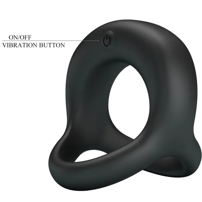 Cockring silicone noir vibrant rechargeable, forme ergonomique, finition veloutée, bouton on/off visible, design moderne.