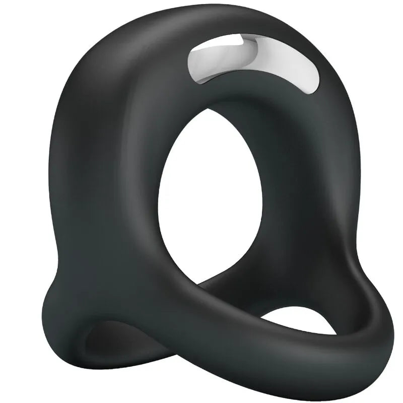 Cockring silicone noir avec vibrations rechargeables, design ergonomique, finition veloutée, sangle ajustable.