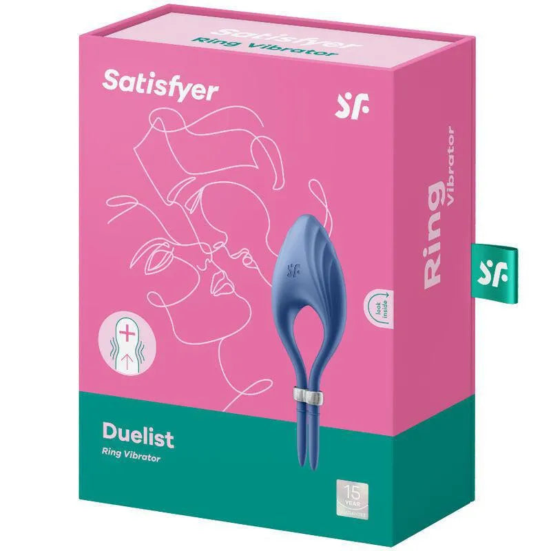 Cockring bleu en silicone réglable avec vibrations, emballage rose, design moderne pour couples, stimulation intense.