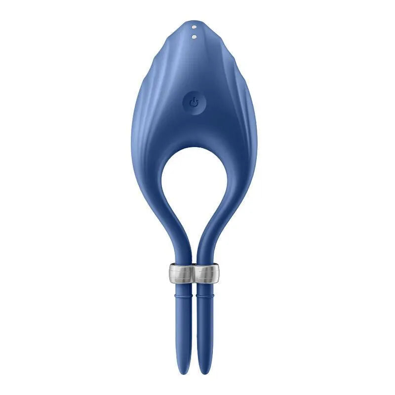 Cockring silicone bleu réglable avec vibrations, forme ergonomique, boutons de réglage argentés, pour couples.