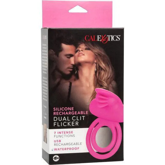 Cockring silicone rose rechargeable, 7 vibrations, forme ergonomique, emballage noir et rose, usage intime.