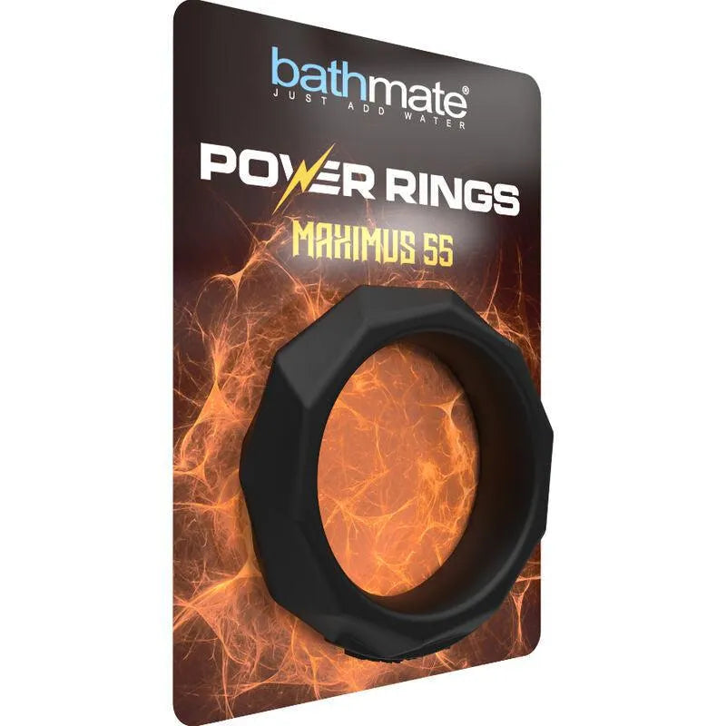 Cockring silicone noir ultra doux, flexible, sur fond de packaging Bathmate Power Rings Maximus 55.