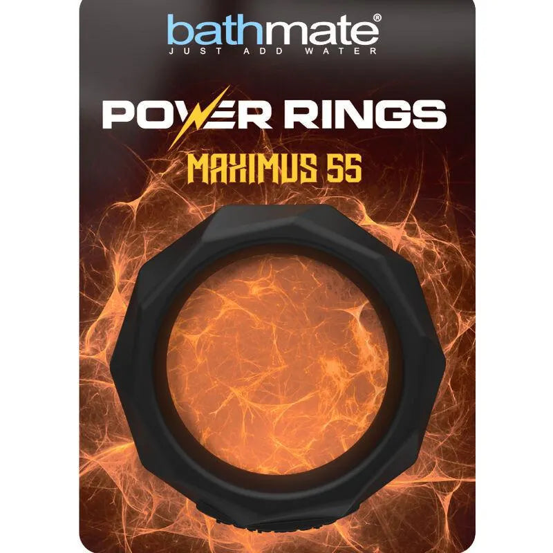 Cockring silicone noir ultra doux et flexible, forme circulaire, texture lisse, sur fond d'emballage Power Rings.