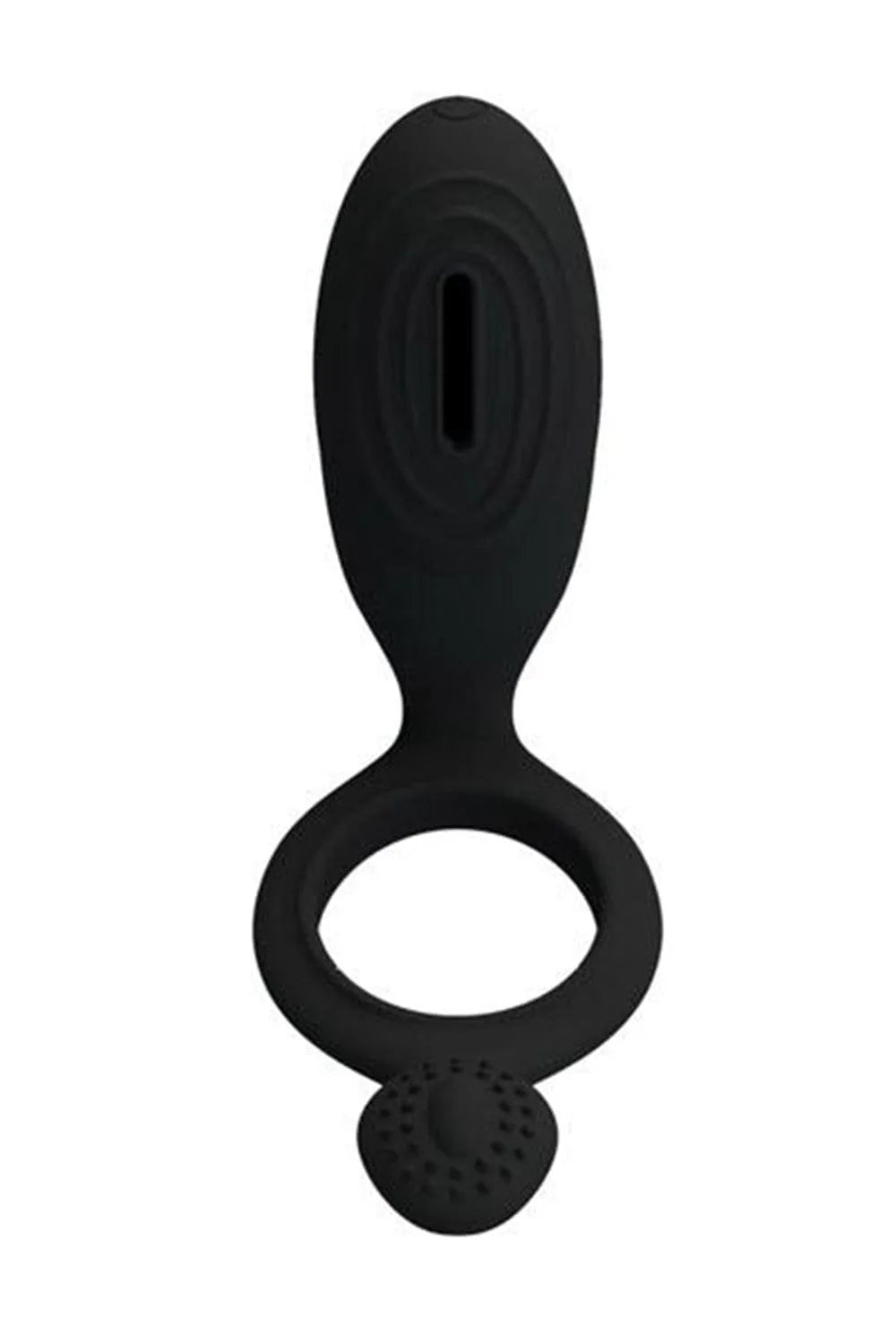 Cockring vibrant noir en silicone avec stimulateur de clitoris et picots souples, forme ergonomique et extensible.
