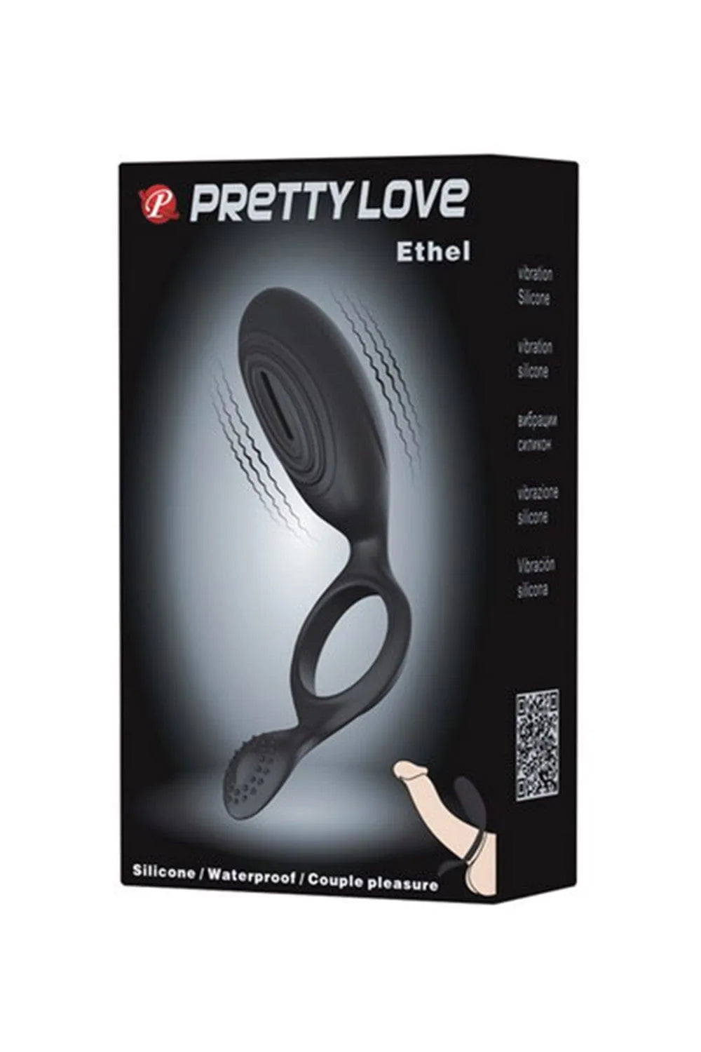 Cockring vibrant noir en silicone avec stimulateur de clitoris et picots souples, présenté dans un emballage élégant.