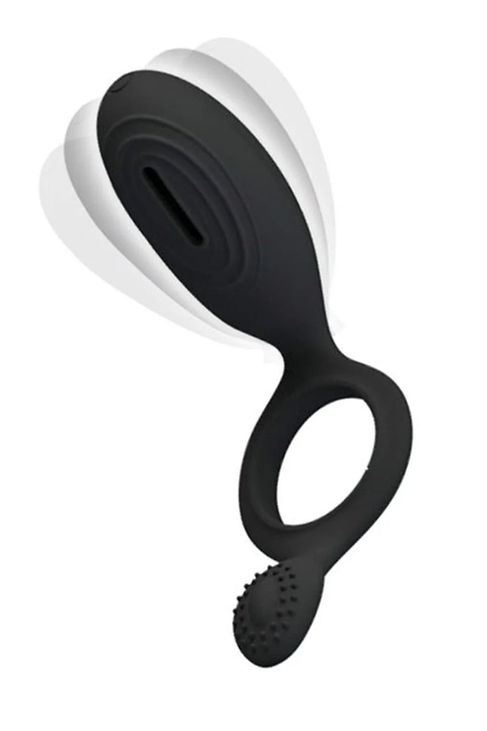 Cockring vibrant noir en silicone avec stimulateur clitoridien et picots souples, forme ergonomique pour plaisir intense.