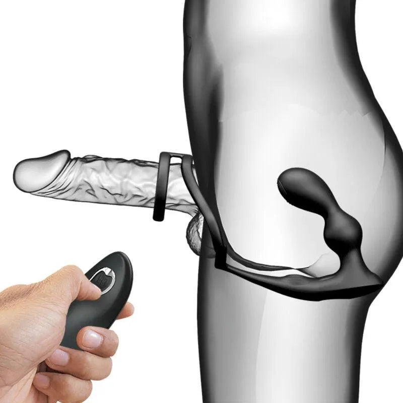 Cockring Vibrant Avec Plug Anal Télécommandé En Silicone