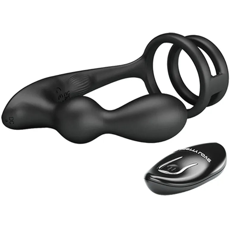 Cockring Vibrant Avec Plug Anal Télécommandé En Silicone