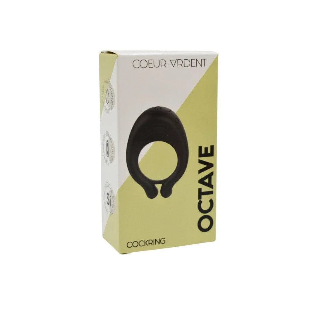 Cockring vibrant noir en silicone doux, design double anneaux, emballage moderne, sans phtalates pour bien-être intime.
