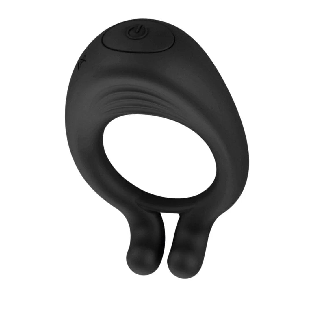 Cockring vibrant noir en silicone doux, double anneaux, bouton de commande, design ergonomique, sans phtalates.