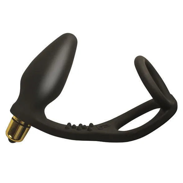 Cockring vibrant noir en silicone médical avec balle vibrante dorée, design ergonomique pour couple, confort et performance.