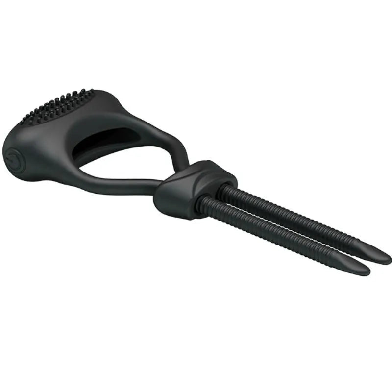 Cockring vibrant noir en silicone avec deux tentacules réglables pour érections durables, design ergonomique.