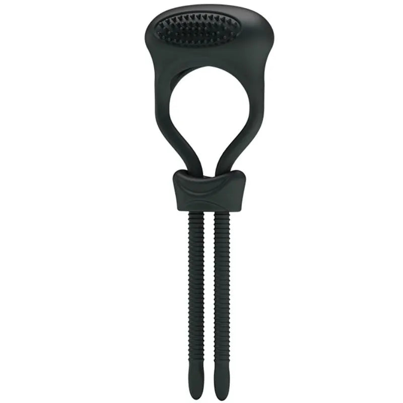 Cockring vibrant noir en silicone avec anneau réglable et tentacules, conçu pour érections durables et fermes.