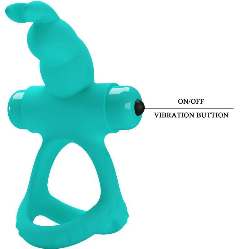 Anneau vibrant en silicone vert avec stimulateur clitoridien, design ergonomique, bouton de vibration visible.
