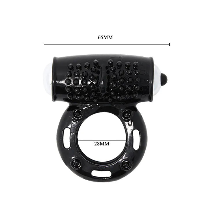 Cockring vibrant noir en TPR flexible avec texture stimulante, 10 modes de vibration, dimensions 65mm x 28mm.