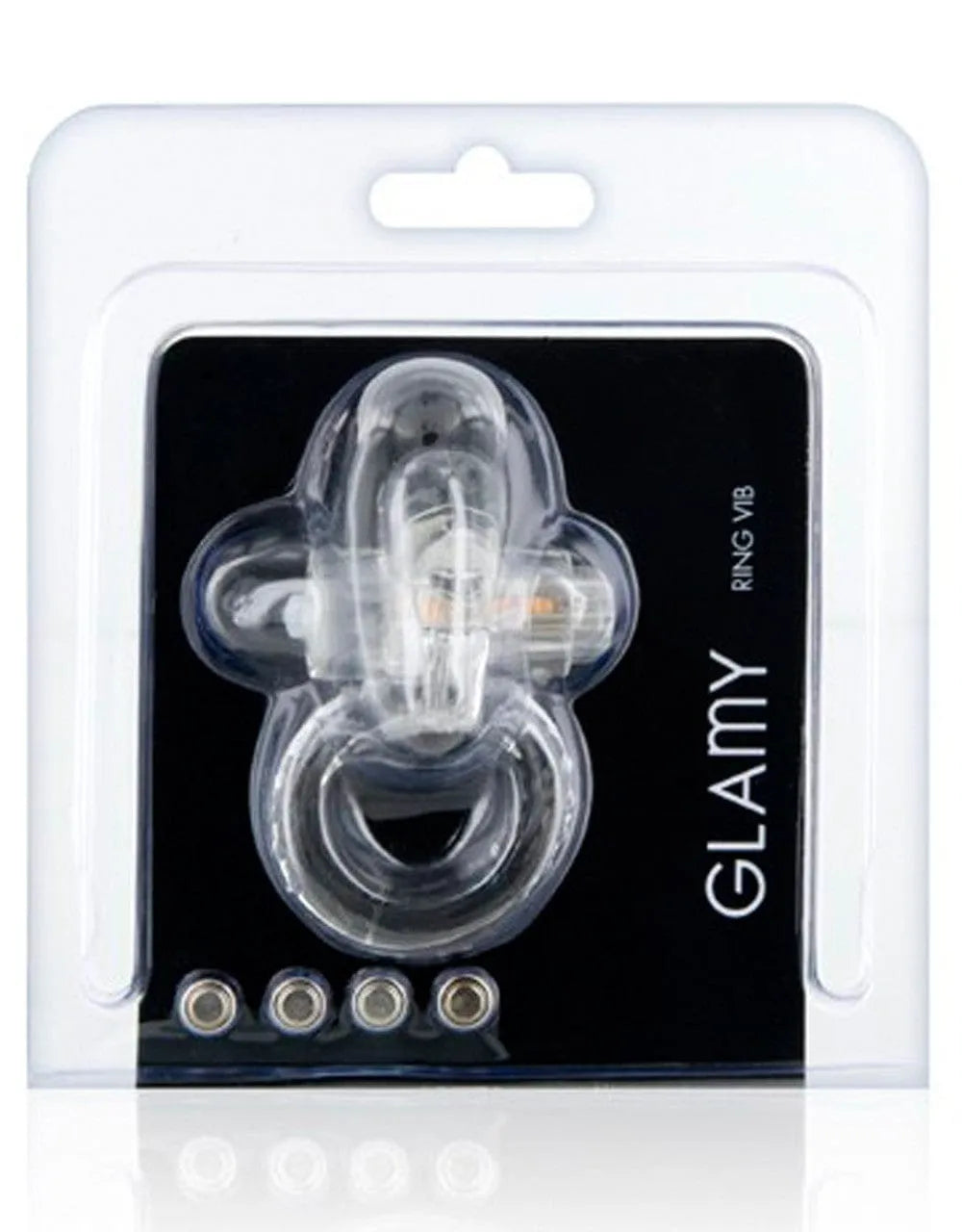 Cockring vibrant transparent avec ergots pour stimulation clitoridienne, emballage noir et blanc, 7cm x 2,5cm.