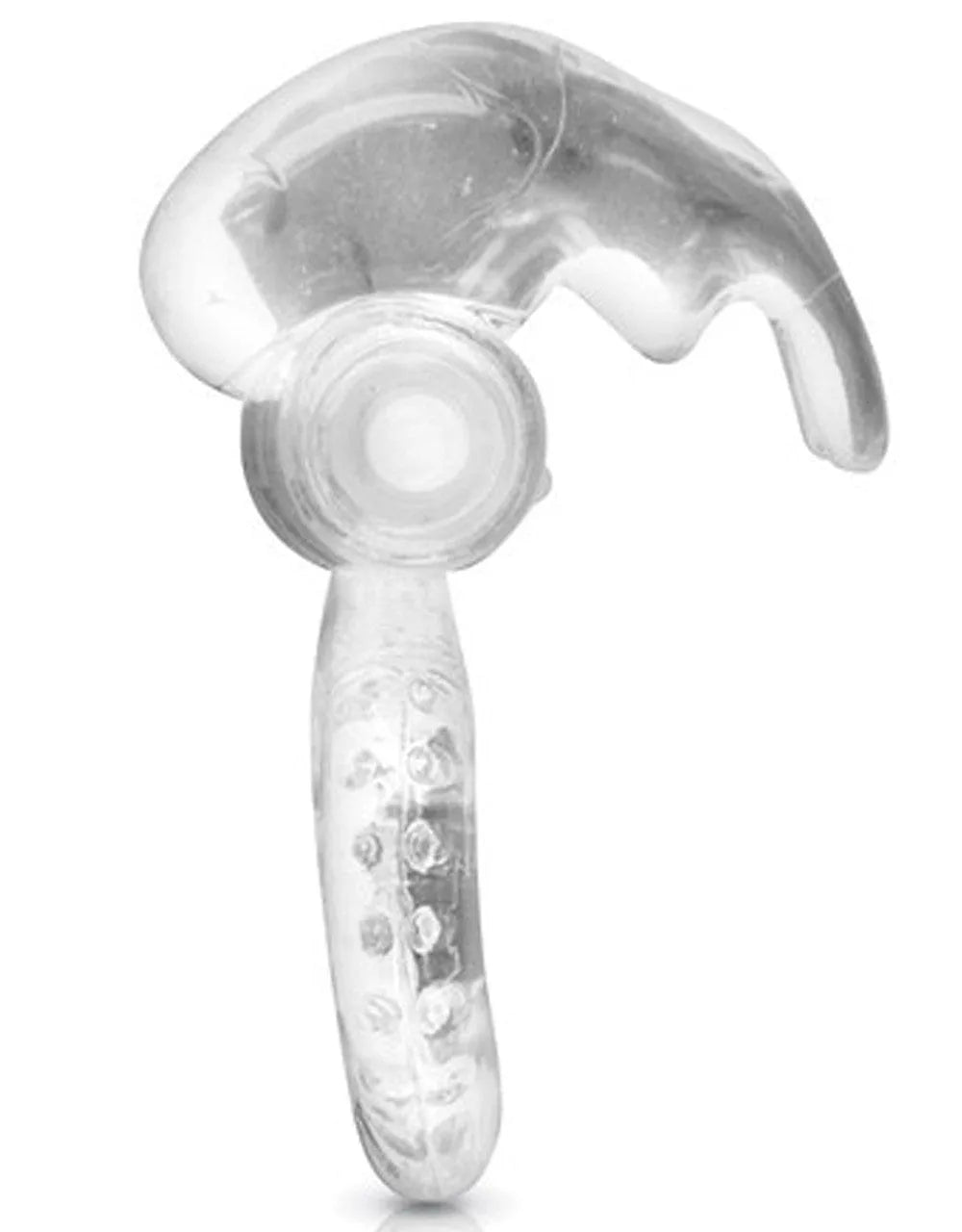 Cockring vibrant transparent avec ergots pour stimulation clitoridienne, forme ergonomique, idéal pour plaisir partagé.